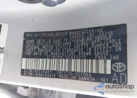2016 Toyota Corolla L from USA, damaged, VIN 2T1BURHE1GC642213